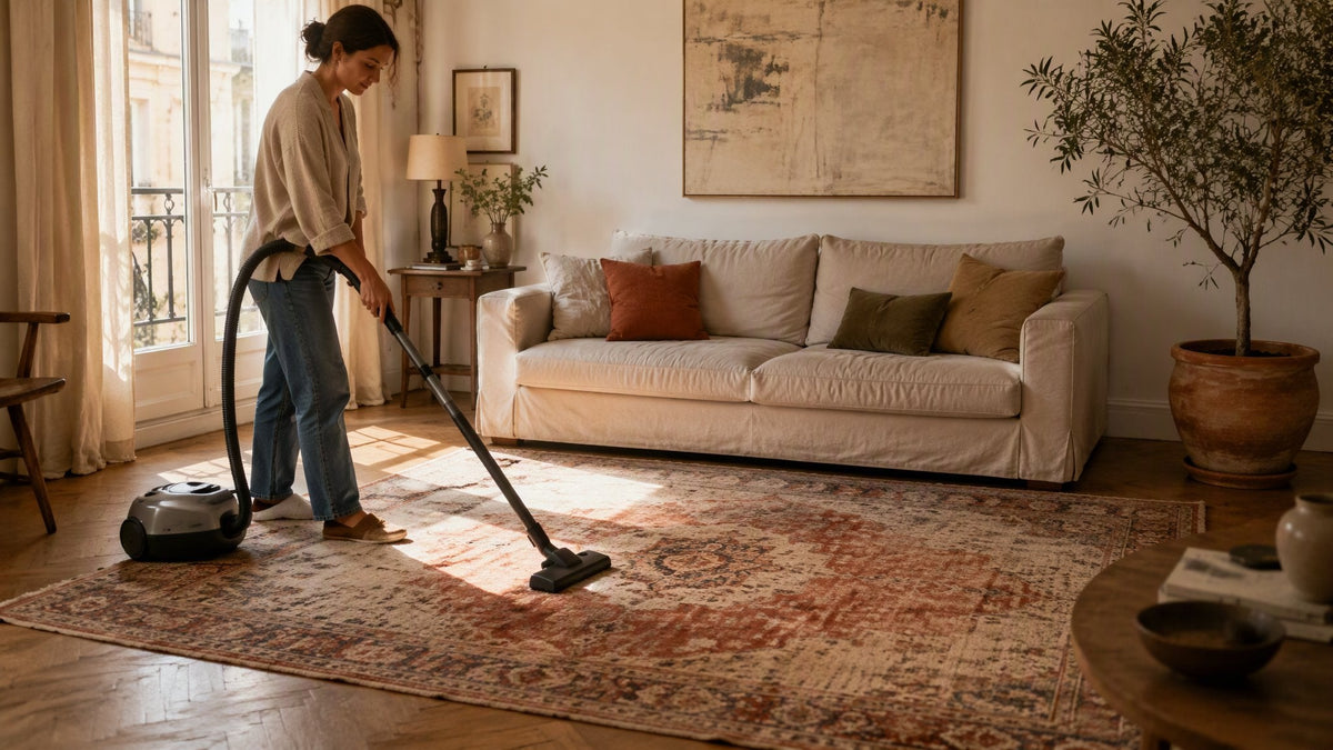 Helles Wohnzimmer, in dem ein Vintage-Teppich abgesaugt wird