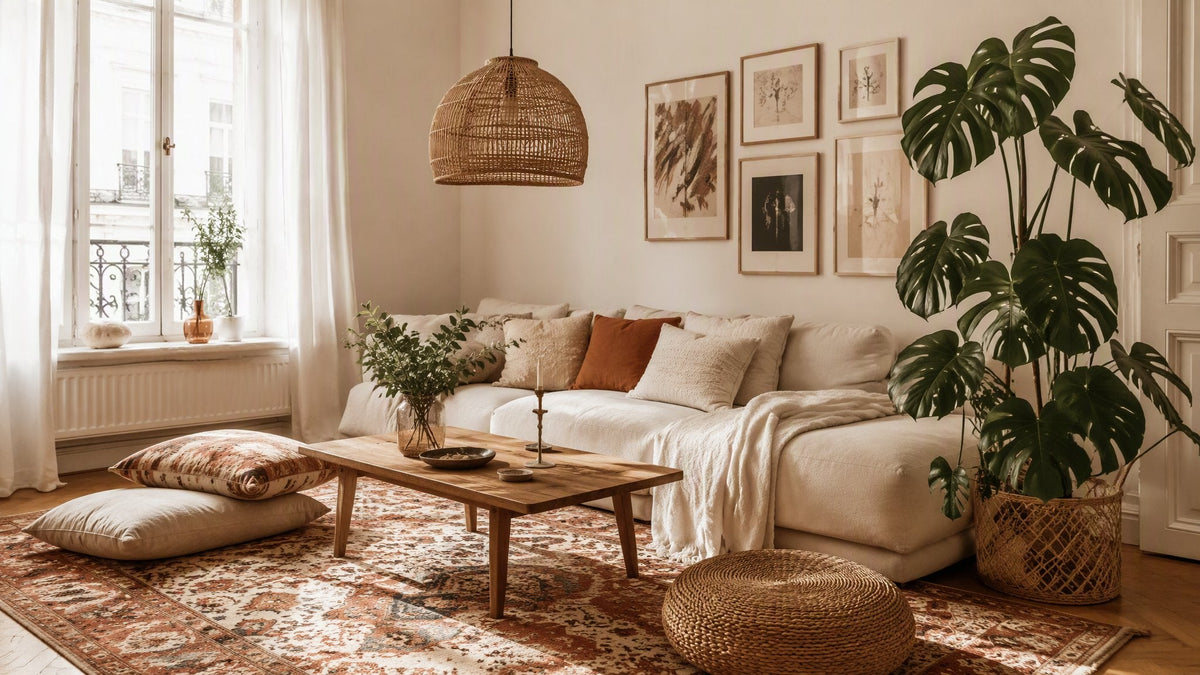 Gemütliches Wohnzimmer mit Vintage-Teppich, Rattan-Lampe und großer Monstera