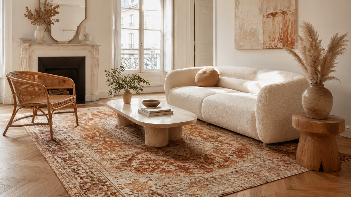 Wohnzimmer mit großzügig dimensioniertem Vintage-Teppich unter dem Sofa