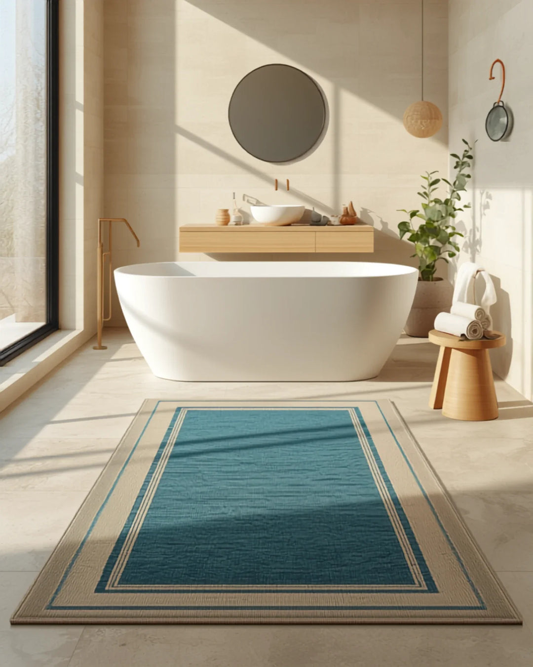 Badezimmer mit weichem Badteppich vor der Wanne