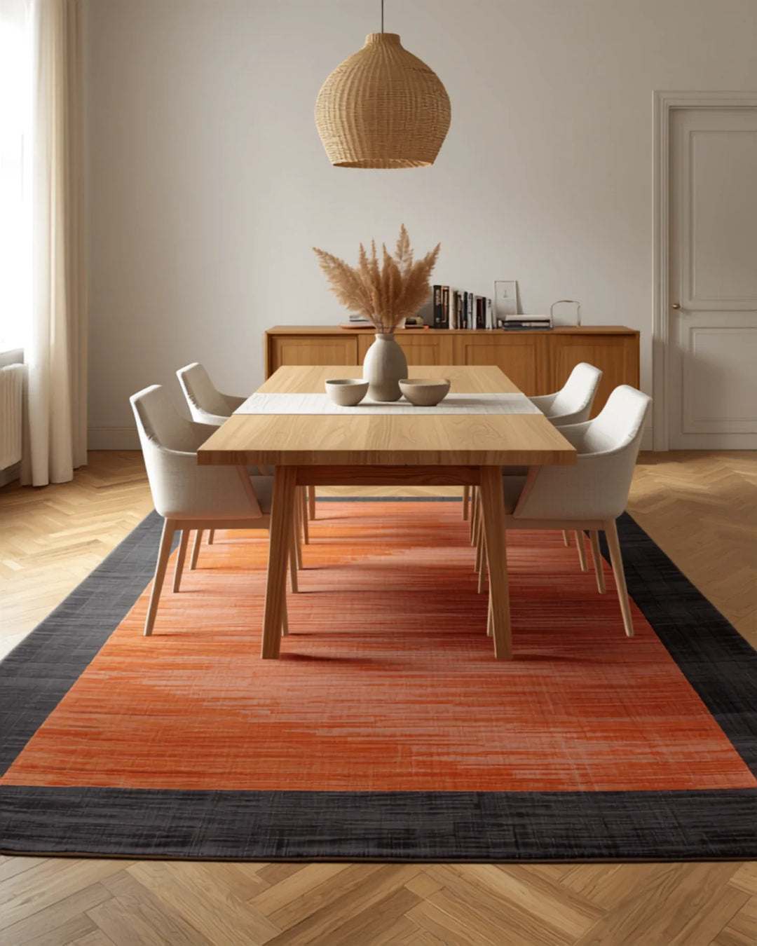 Esszimmer mit gemustertem Teppich unter dem Esstisch
