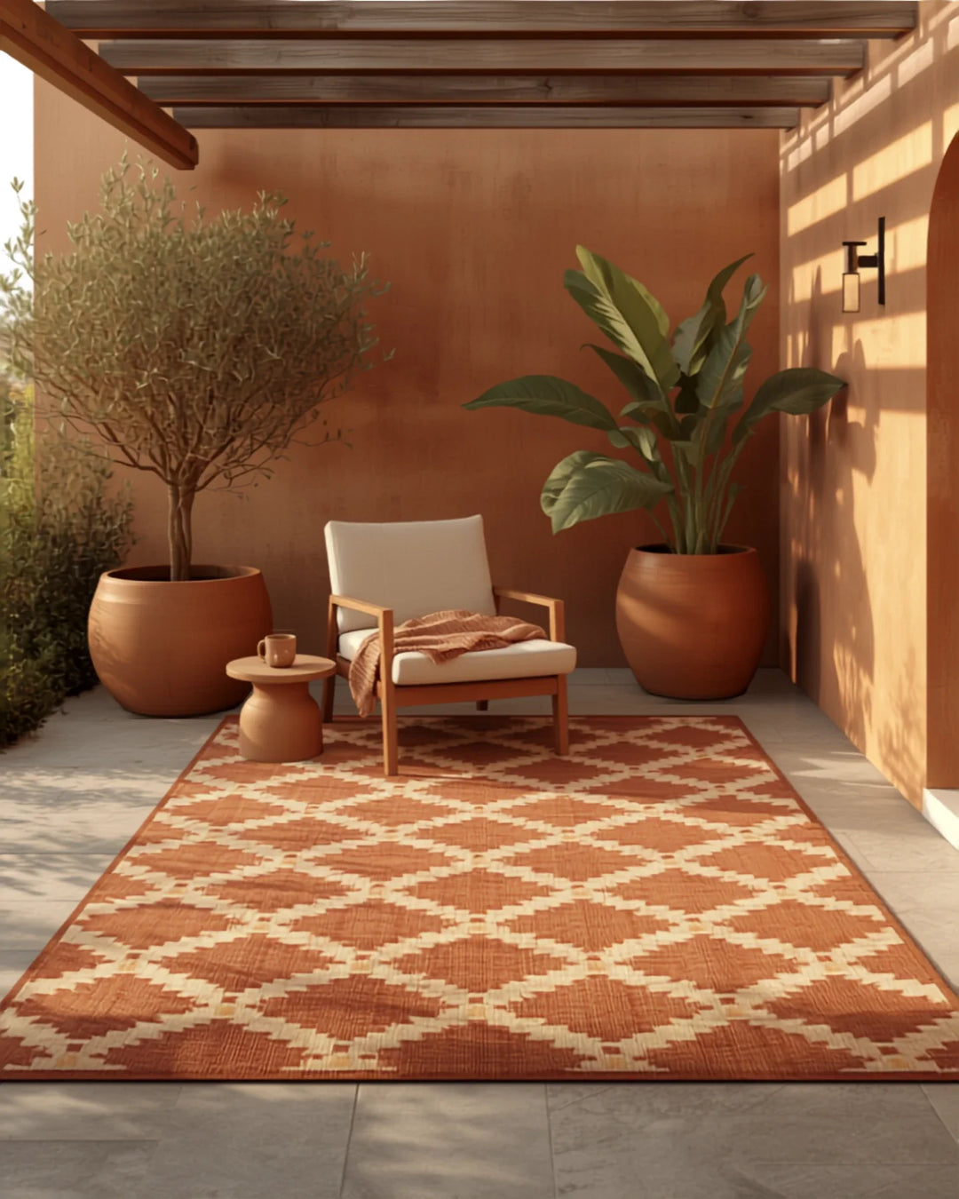 Terrasse mit gemustertem Outdoor-Teppich und Pflanzen
