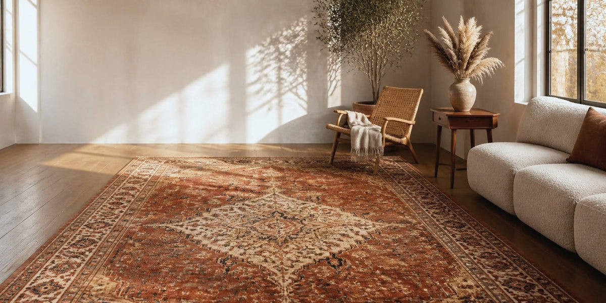 Sonniges Wohnzimmer mit großem Orientteppich in Terrakotta und Creme, Rattansessel und Pampasgras
